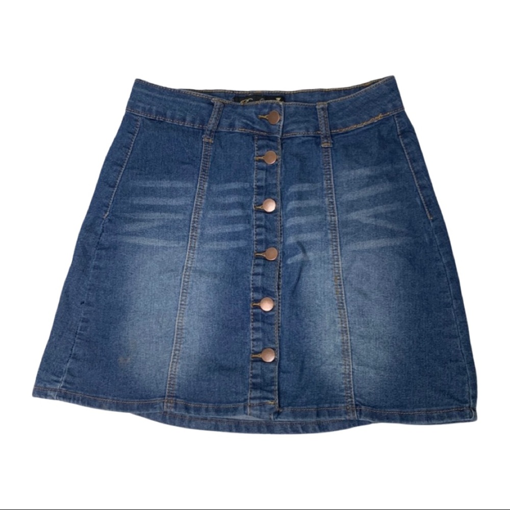 Button-Front Blue Denim Mini Skirt
